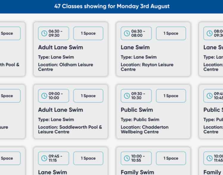 Screen shot of timetable test - listing of swim sessions