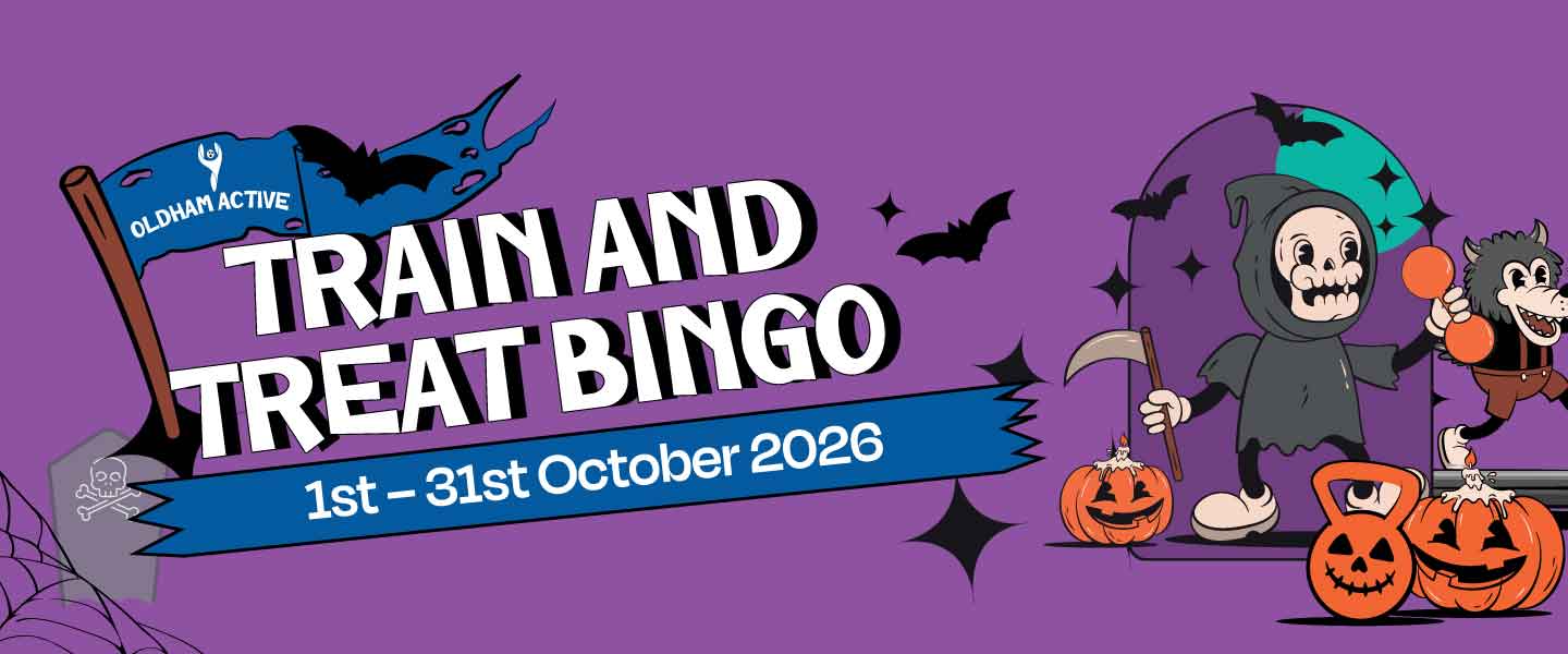 Logo illustration of train and treat bingo - grim reaper, pumpkins