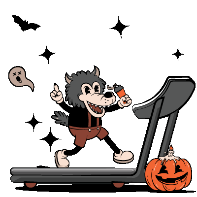 Beast on running machine holding an oldham active branded cup. a pumpkin sits to the side of the machine