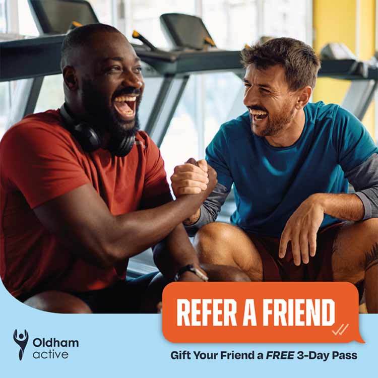 Refer a Friend pass Oldhma Active - friends enjoying the gym with promotional text one the image